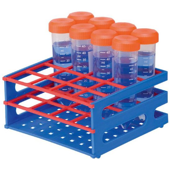 neoRack® Röhrchengestell zusammensteckbar, blau/rot, PP, 4 x 4 Gefäße à 30 mm