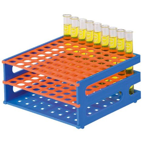 neoRack® Röhrchengestell zusammensteckbar | blau/orange | PP | 9 x 9 Gefäße à 13 mm