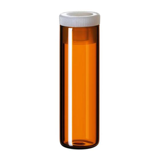 Flachbodenglas 4 ml mit PE-Stopfen | Braunglas | 44,6 x 14,65 mm | 15 mm Stopfen transparent